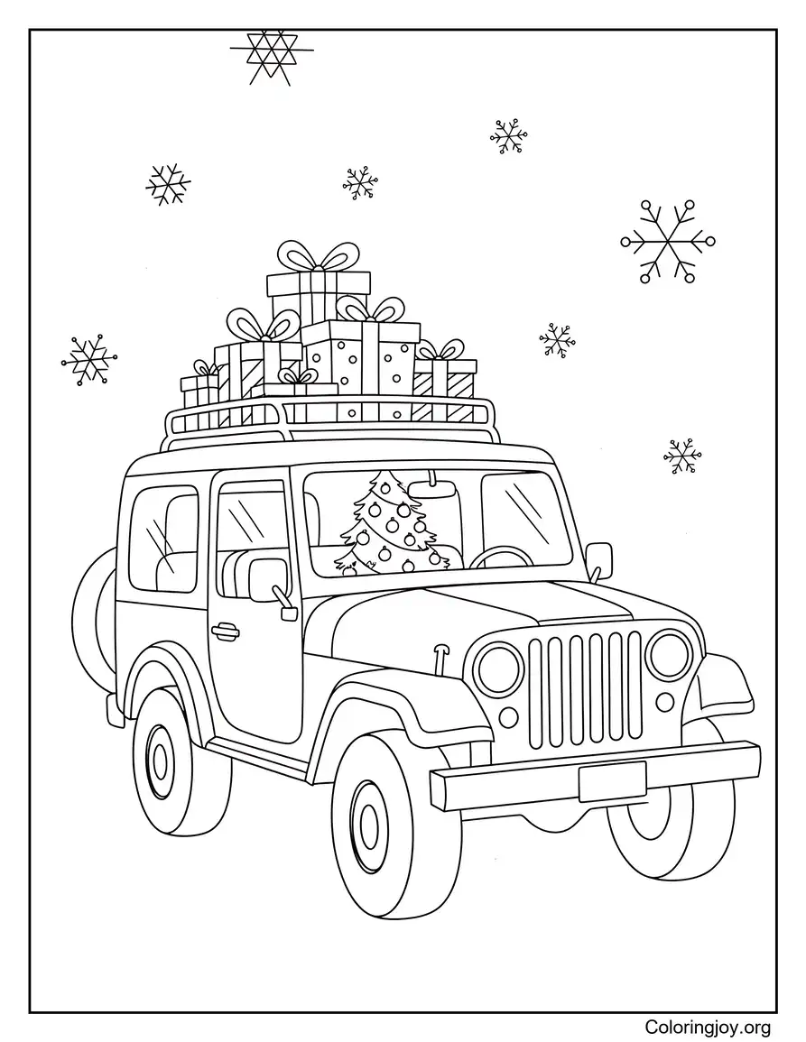 Jeep navideño con regalos y nieve