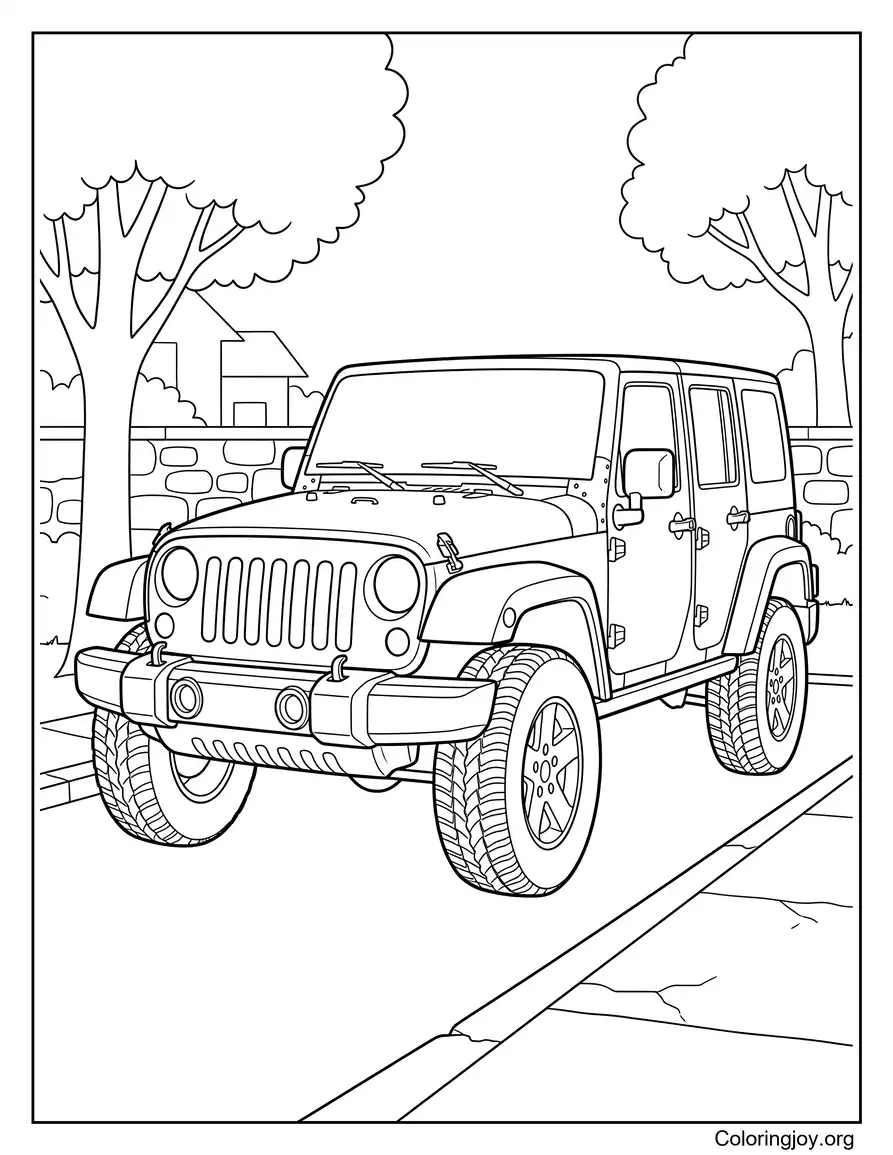 Jeep realista en una escena de estacionamiento