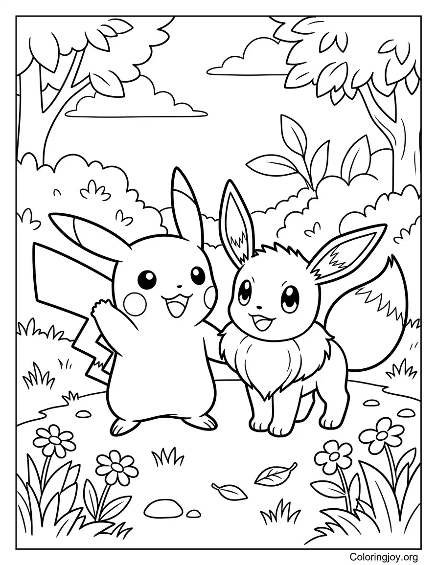 El lindo Pikachu y Eevee parados juntos en una pose amistosa
