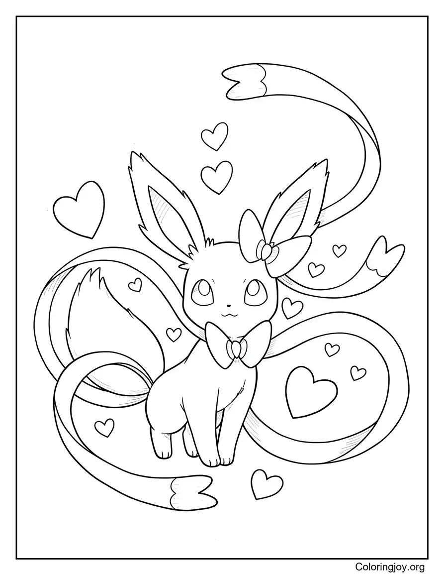 Linda página para colorear de Sylveon con cintas y corazones