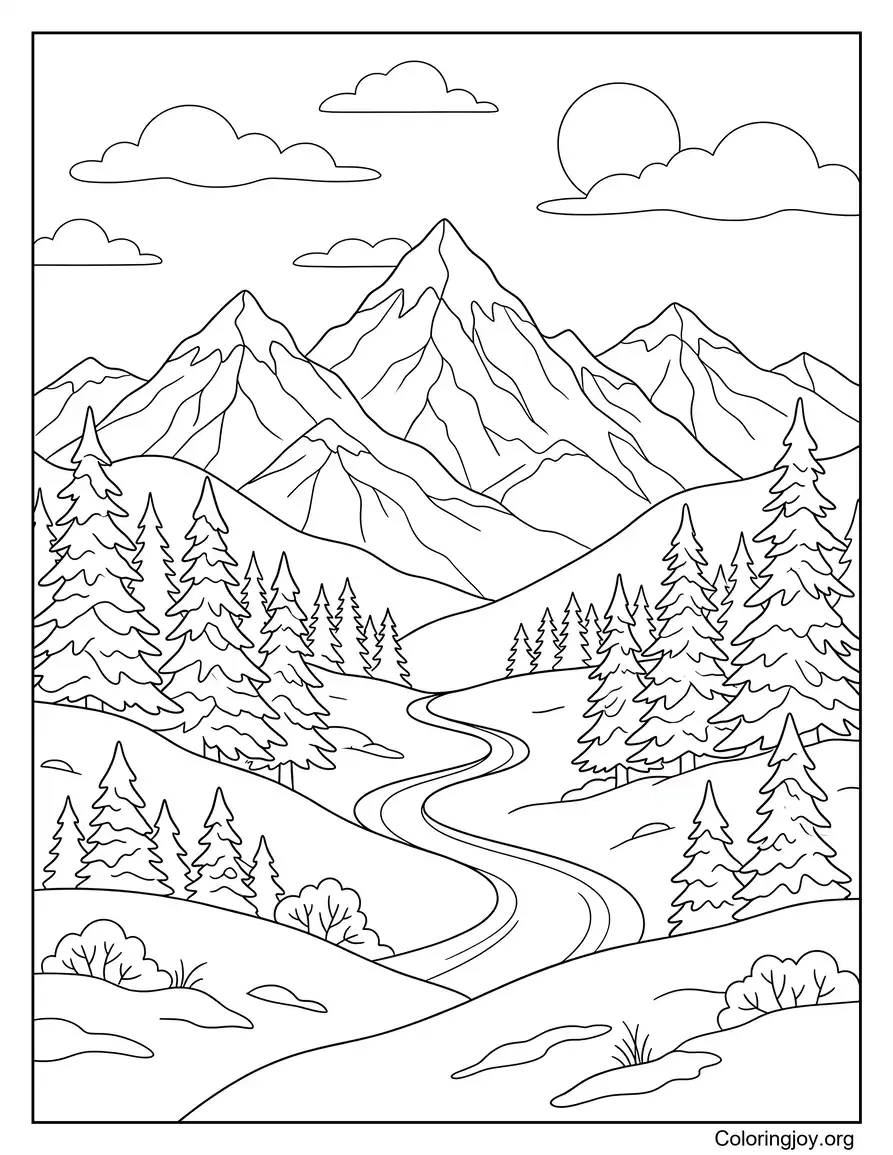 Página para colorear de montaña nevada de invierno