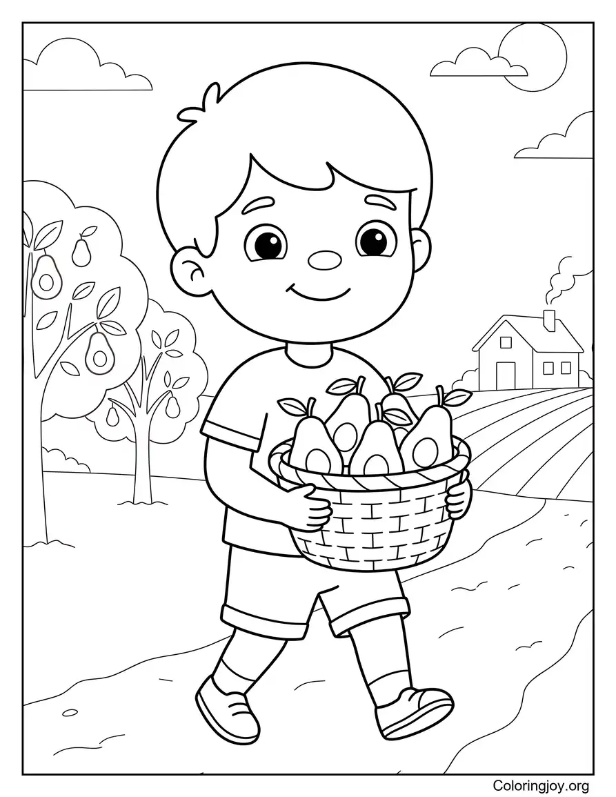 Niño cargando aguacates desde la granja para colorear