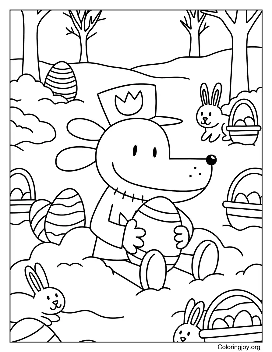 Escena para colorear Dog Man con temática de Pascua