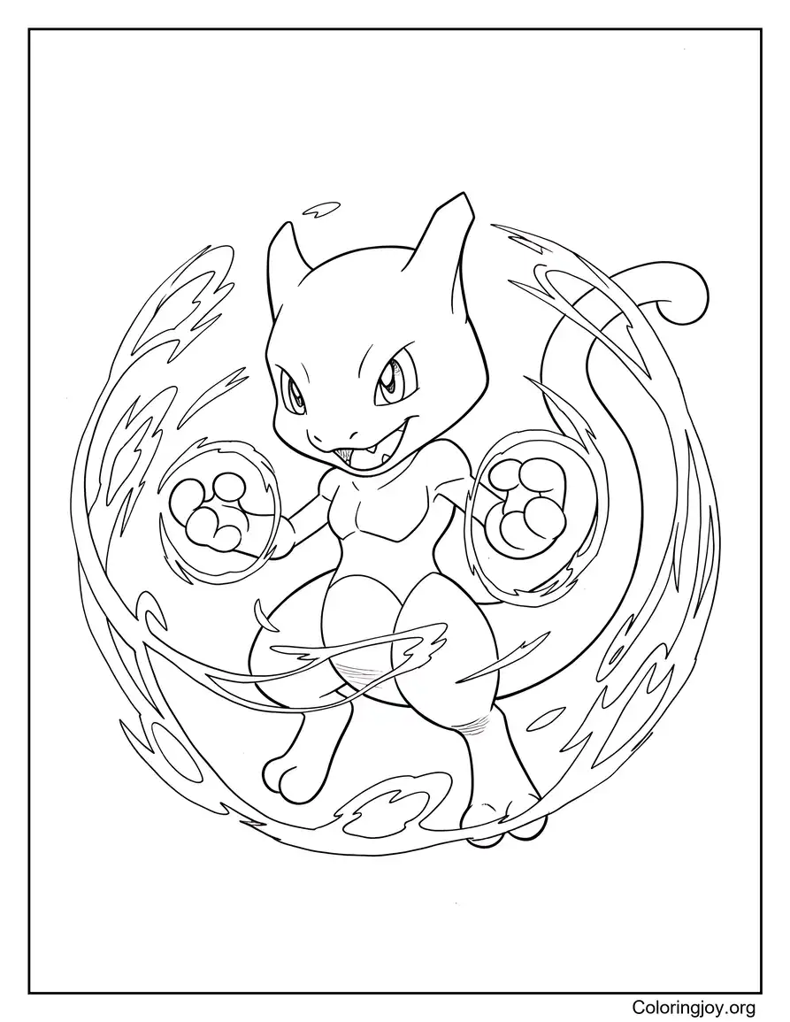 Página para colorear de la poderosa pose psíquica de Mewtwo