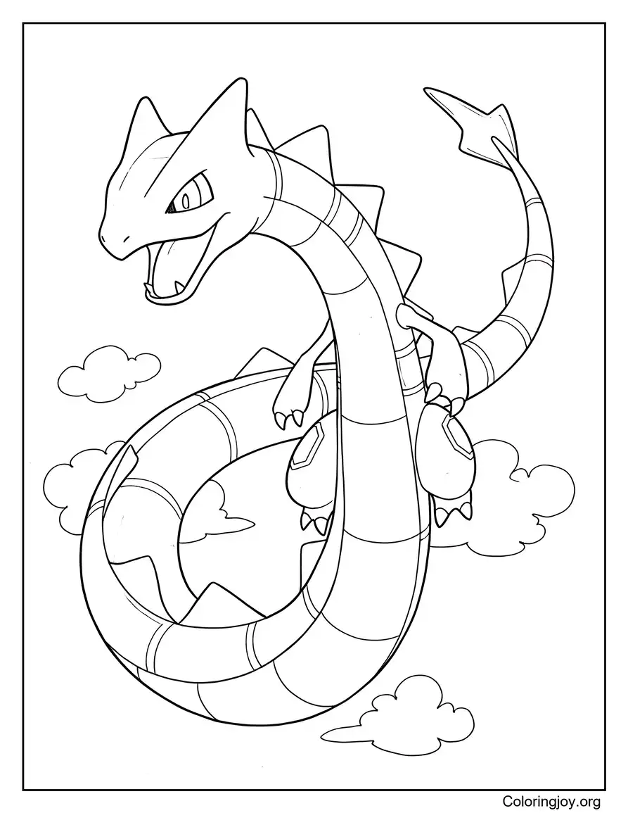 Rayquaza volando en las nubes para colorear