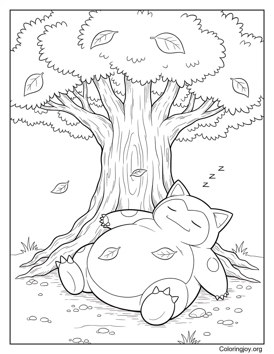 Durmiendo bajo un árbol gigante Snorlax Página para colorear