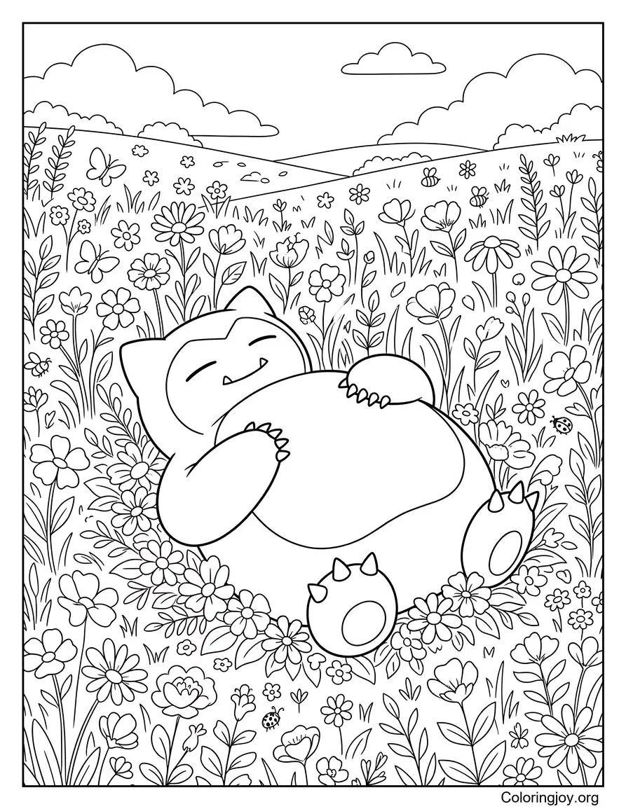 Dormir en un campo de flores Snorlax Hoja para colorear