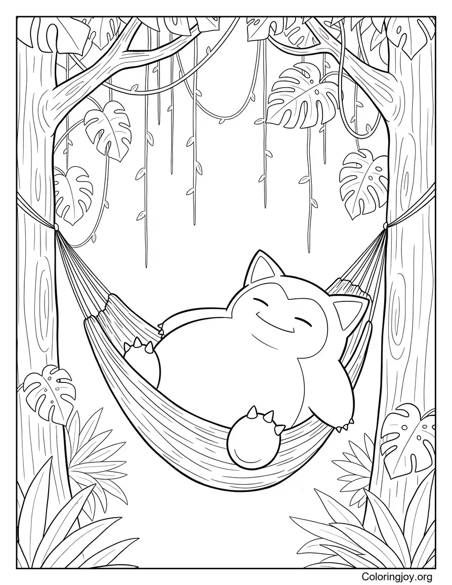 Snorlax en una hoja para colorear de una hamaca en la jungla