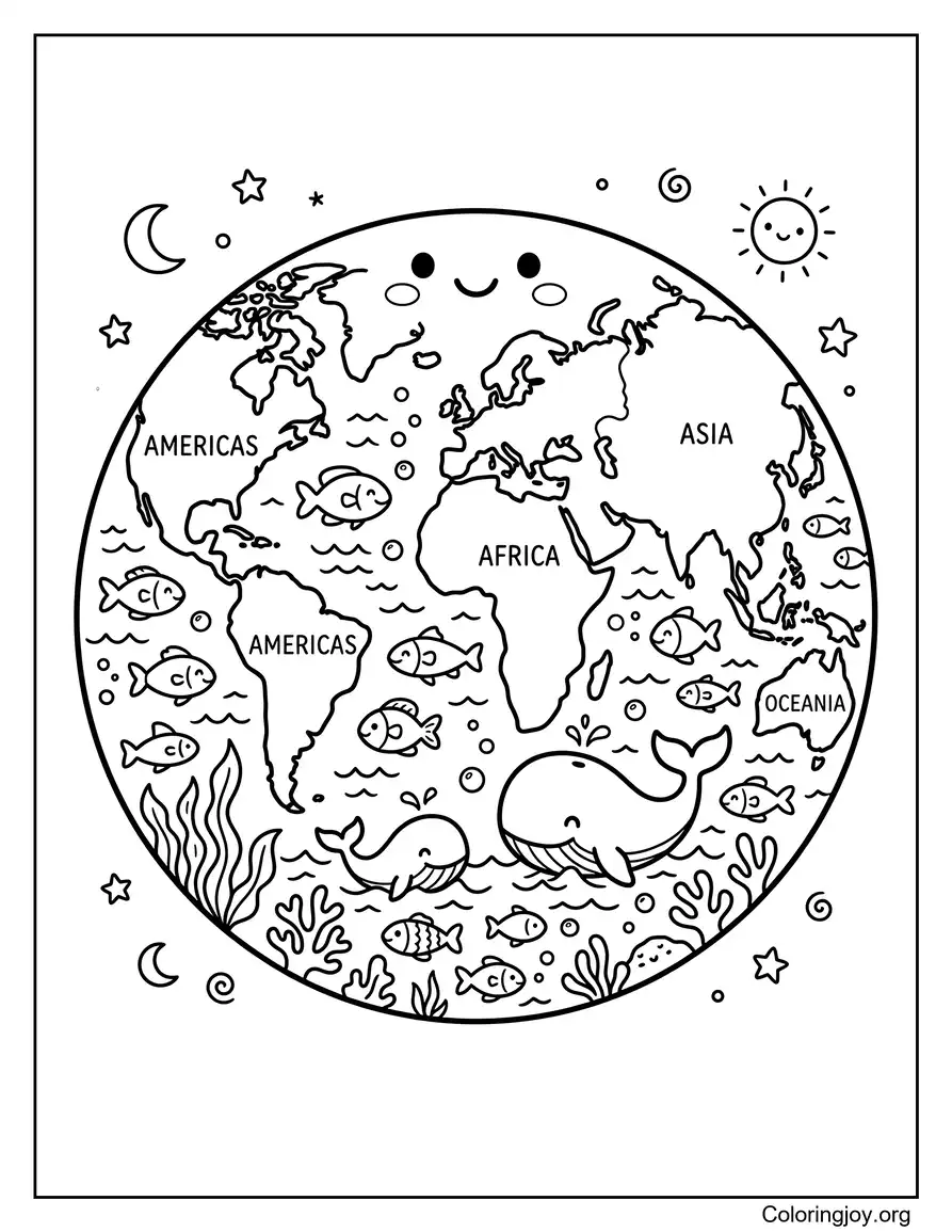 Tierra con océanos llenos de peces y ballenas