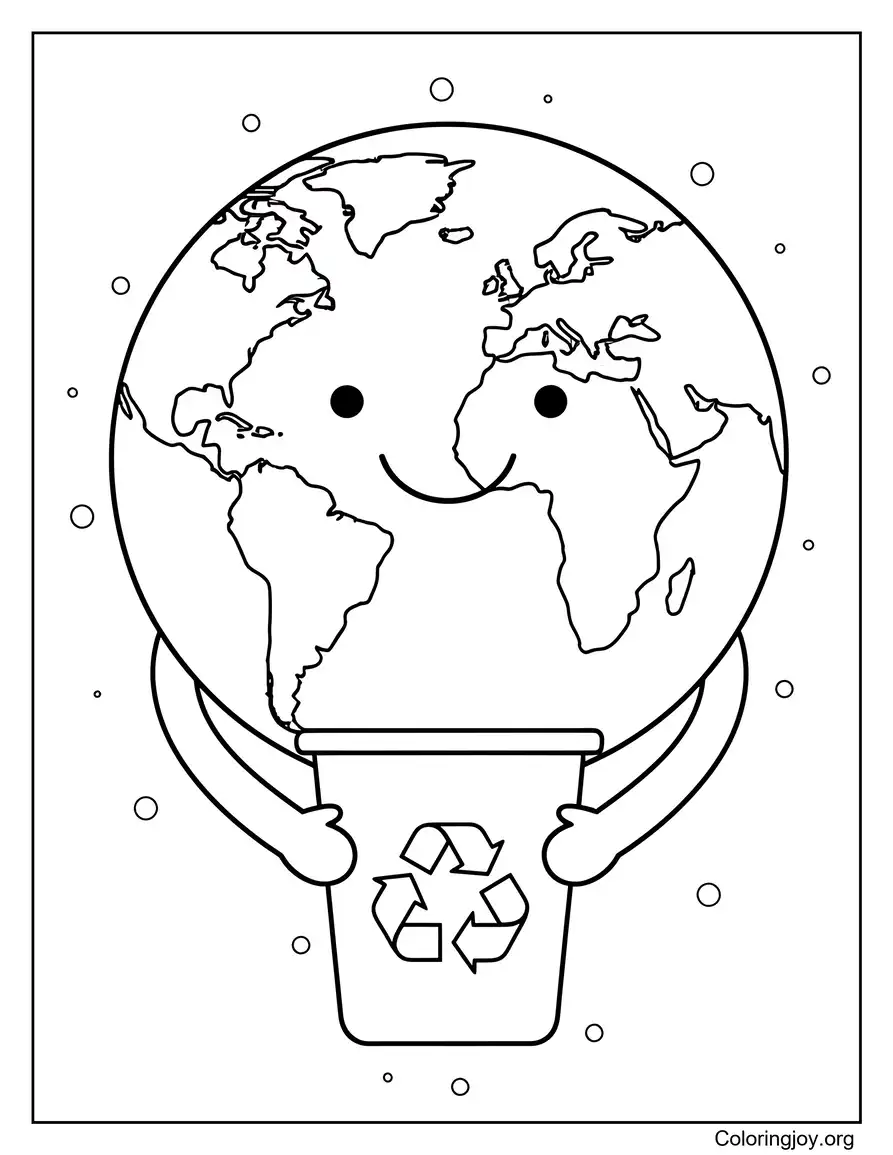 Tierra sonriente sosteniendo una papelera de reciclaje
