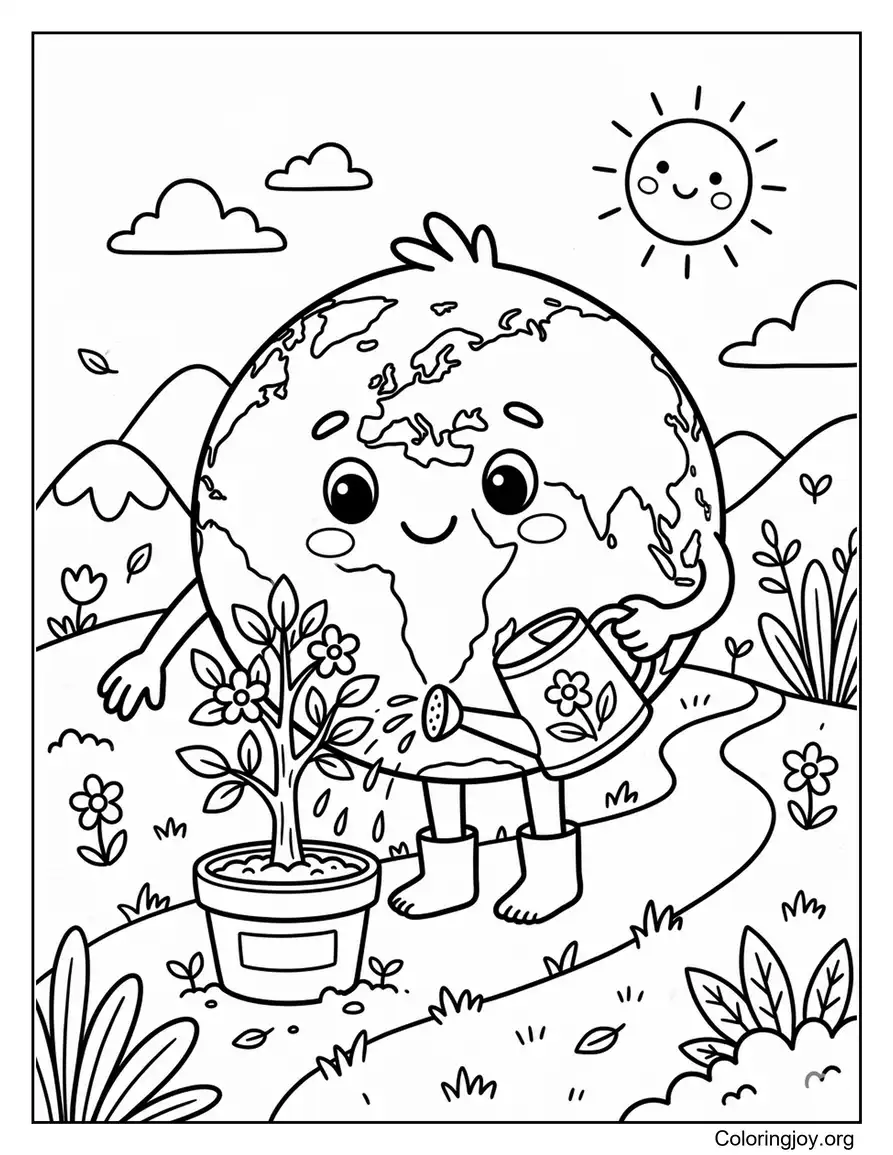 Tierra sosteniendo una regadera mientras cultiva un árbol pequeño