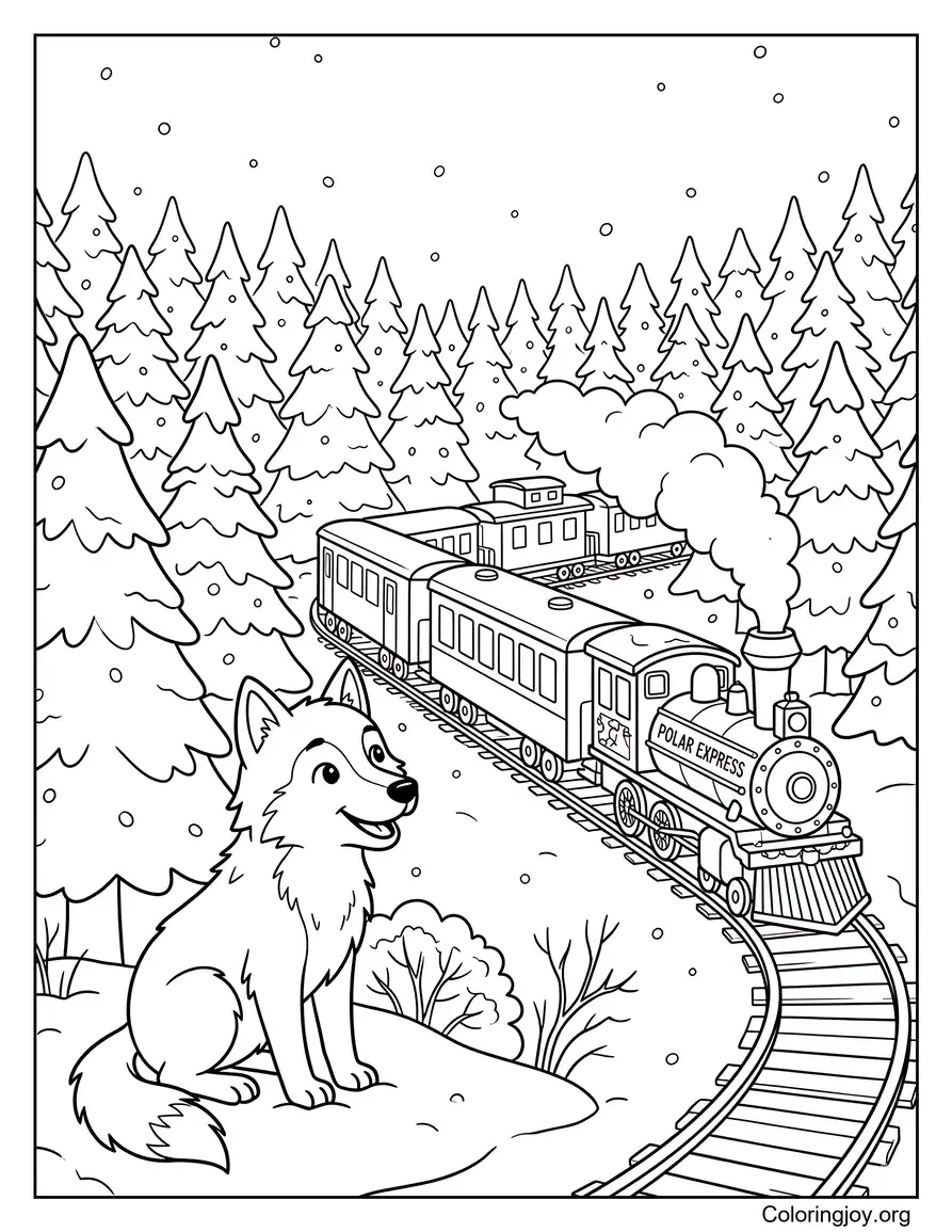 Un lobo observando el paso del tren Polar Express por el bosque