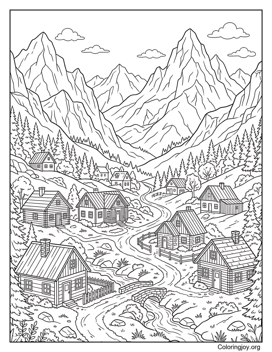 Página para colorear de la vida de un pueblo de montaña