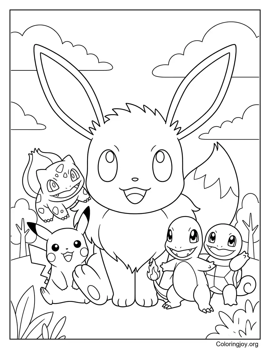 Eevee con amigos Página para colorear