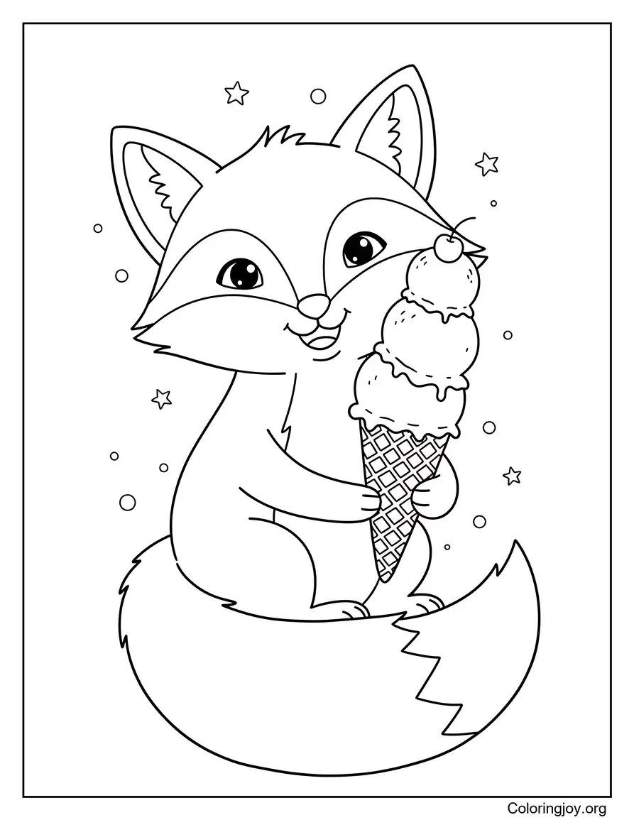 Fox with Ice Cream Cute Coloring Sheet