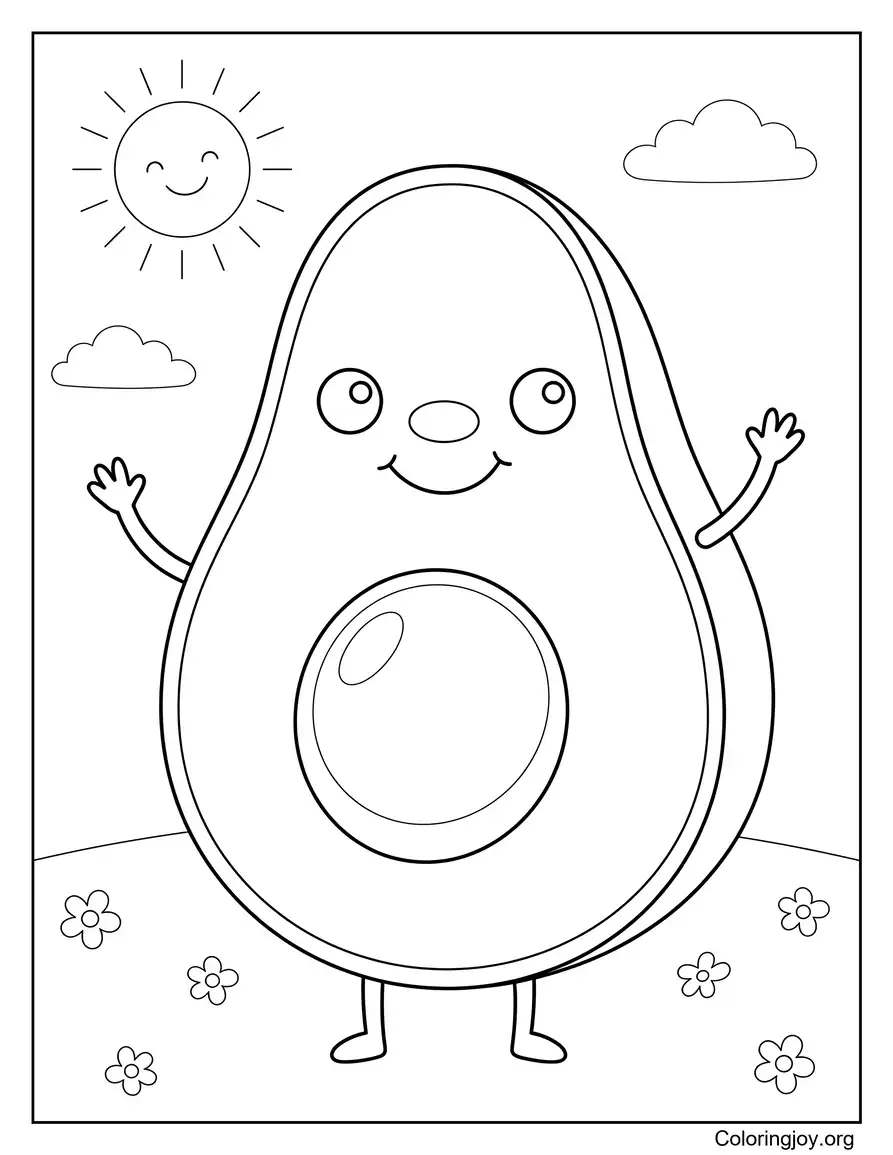 Happy Avocado with Arms and Legs Coloring Page