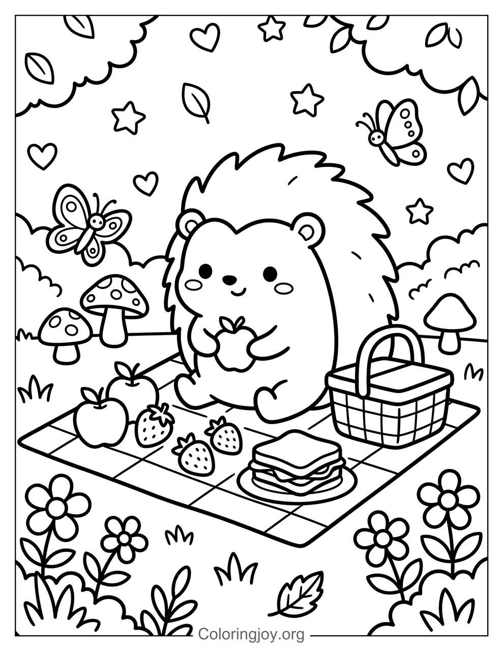 Share a fun picnic with a cute hedgehog surrounded by flowers.