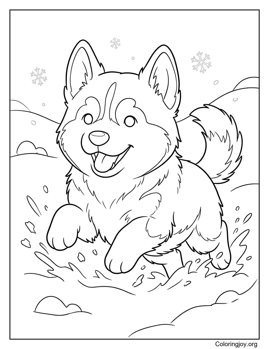 Husky puppy playing in snow winter scene