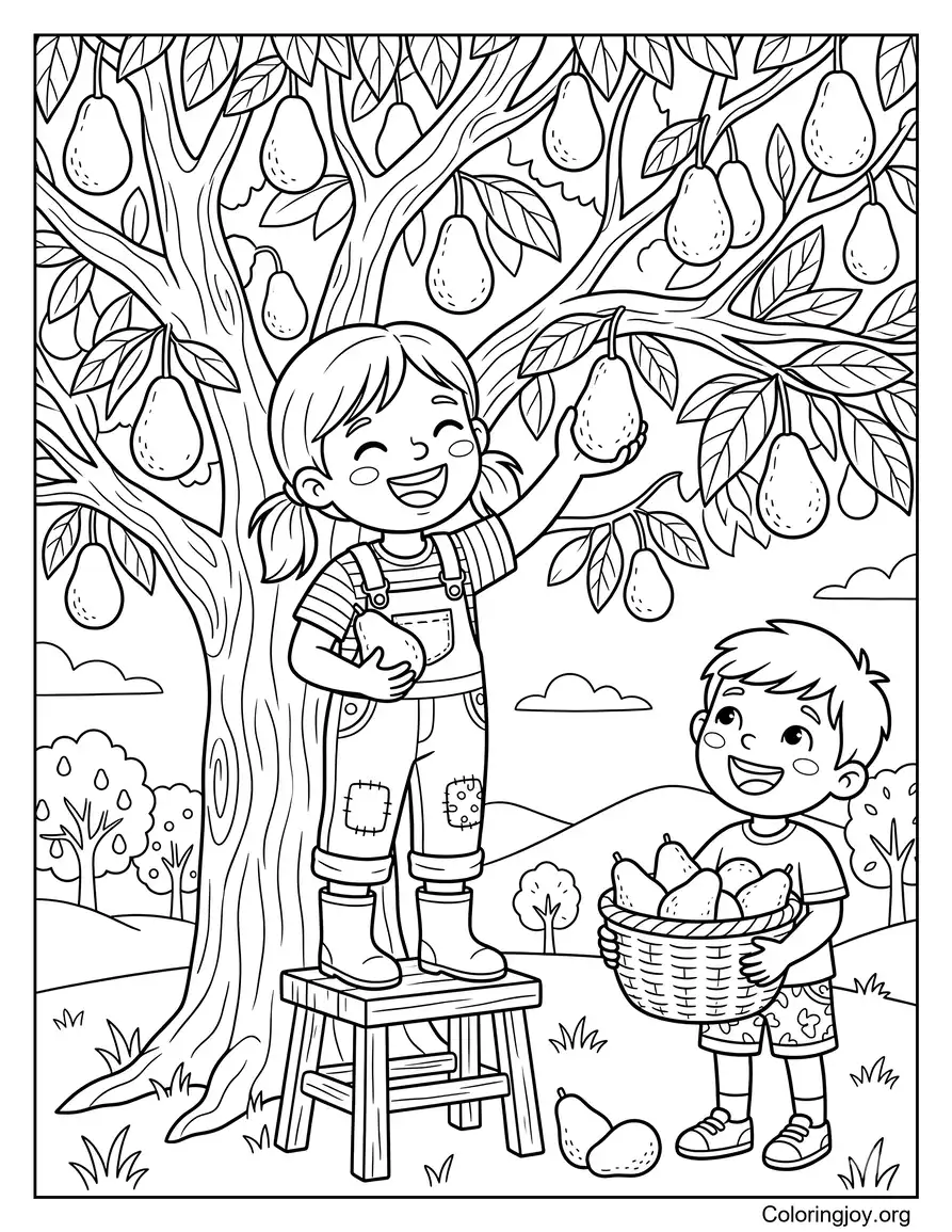 Kids Picking Avocados from a Tree Picture to Color