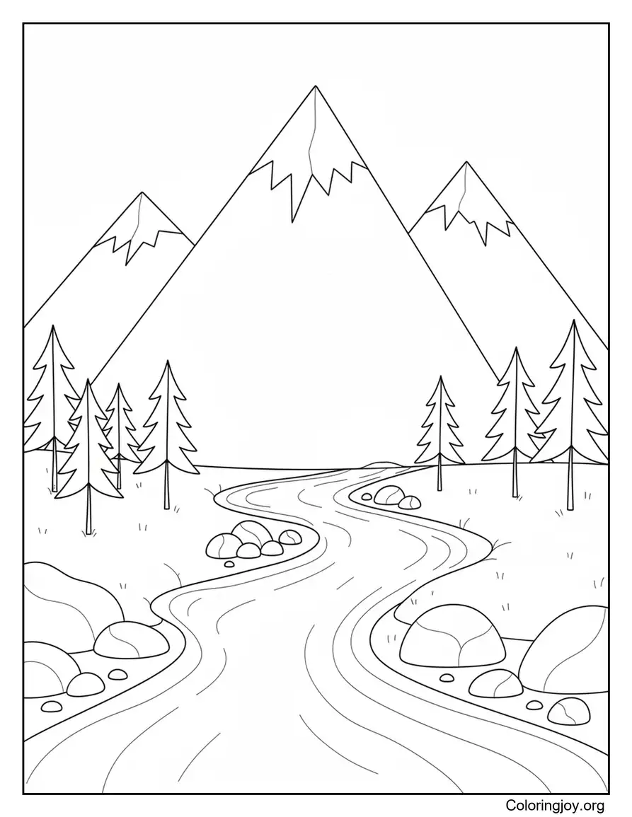 Mountain River Flow Coloring Page