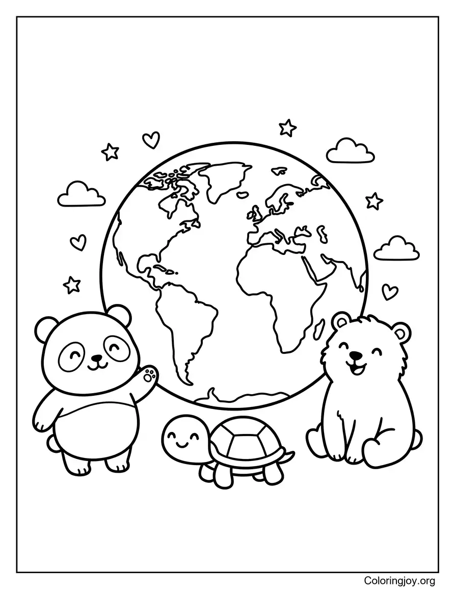 Panda Turtle And Polar Bear Around Earth