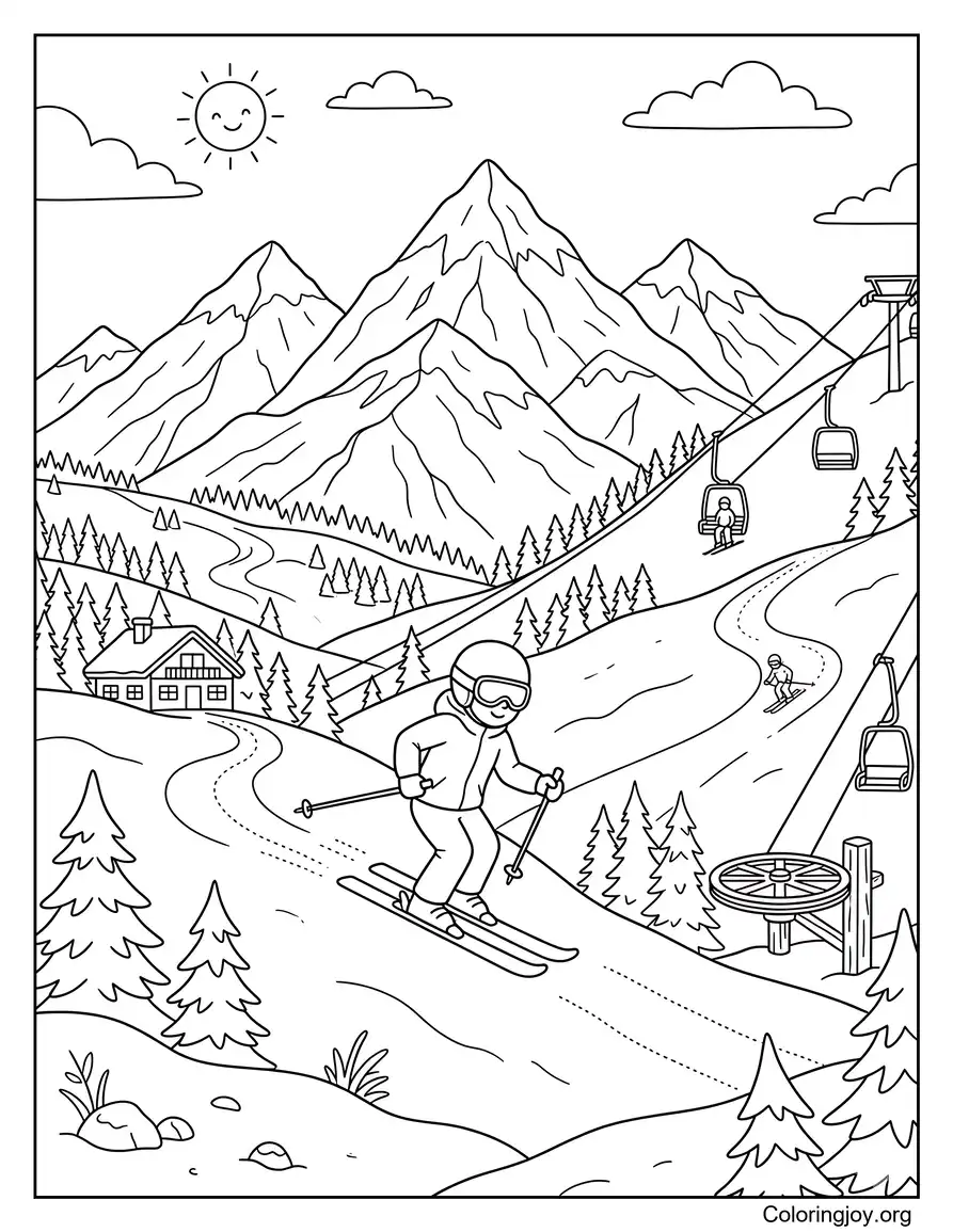Ski Mountain Fun Coloring Page