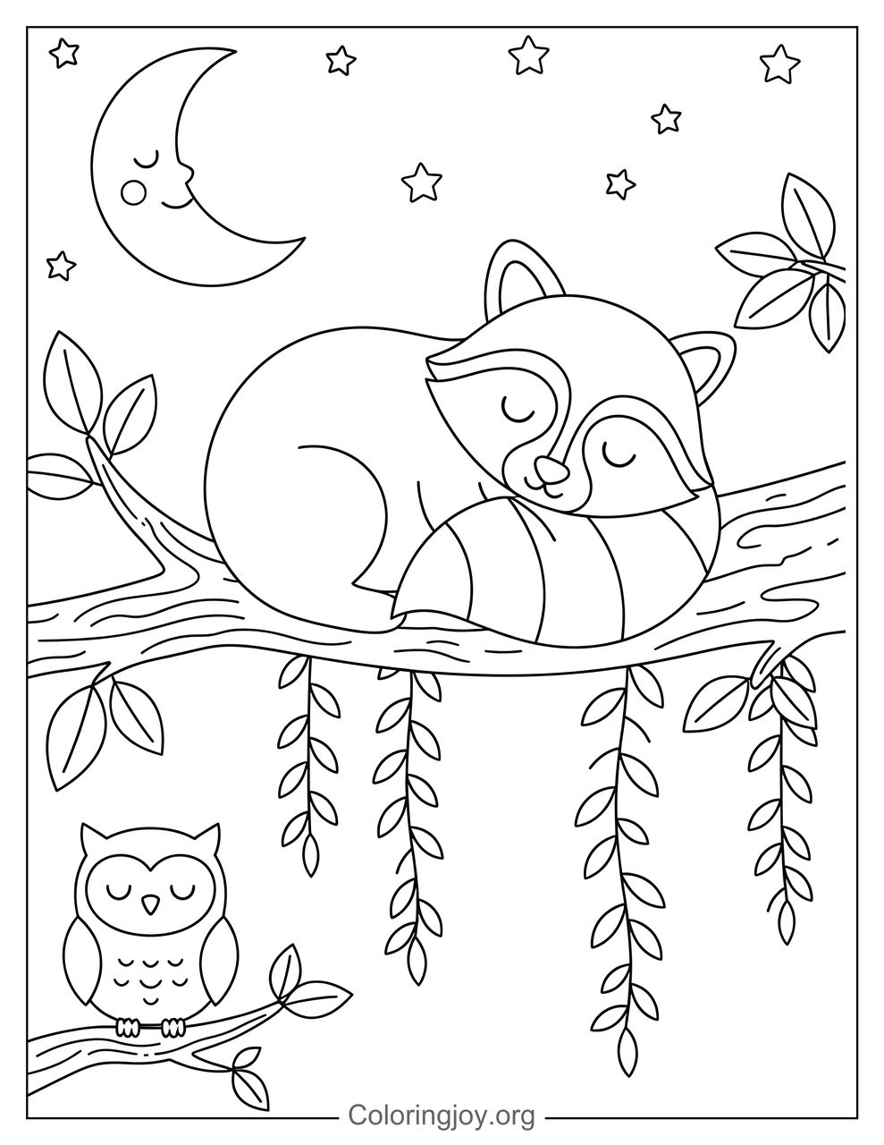 Sleeping Raccoon Coloring Page