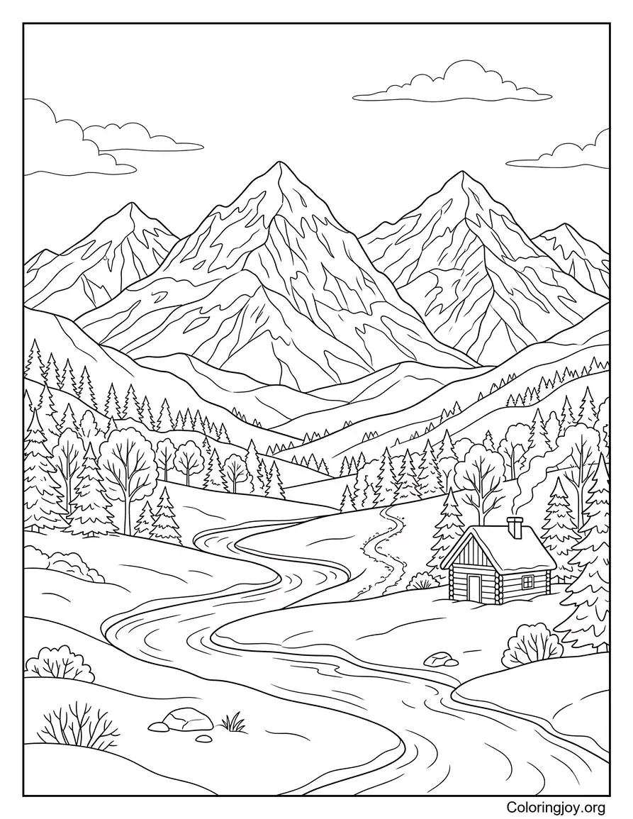 Snowy Mountain Landscape Coloring Page