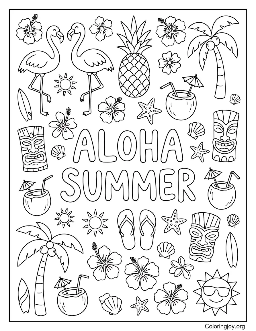 Aloha Summer Doodle Coloring Sheets