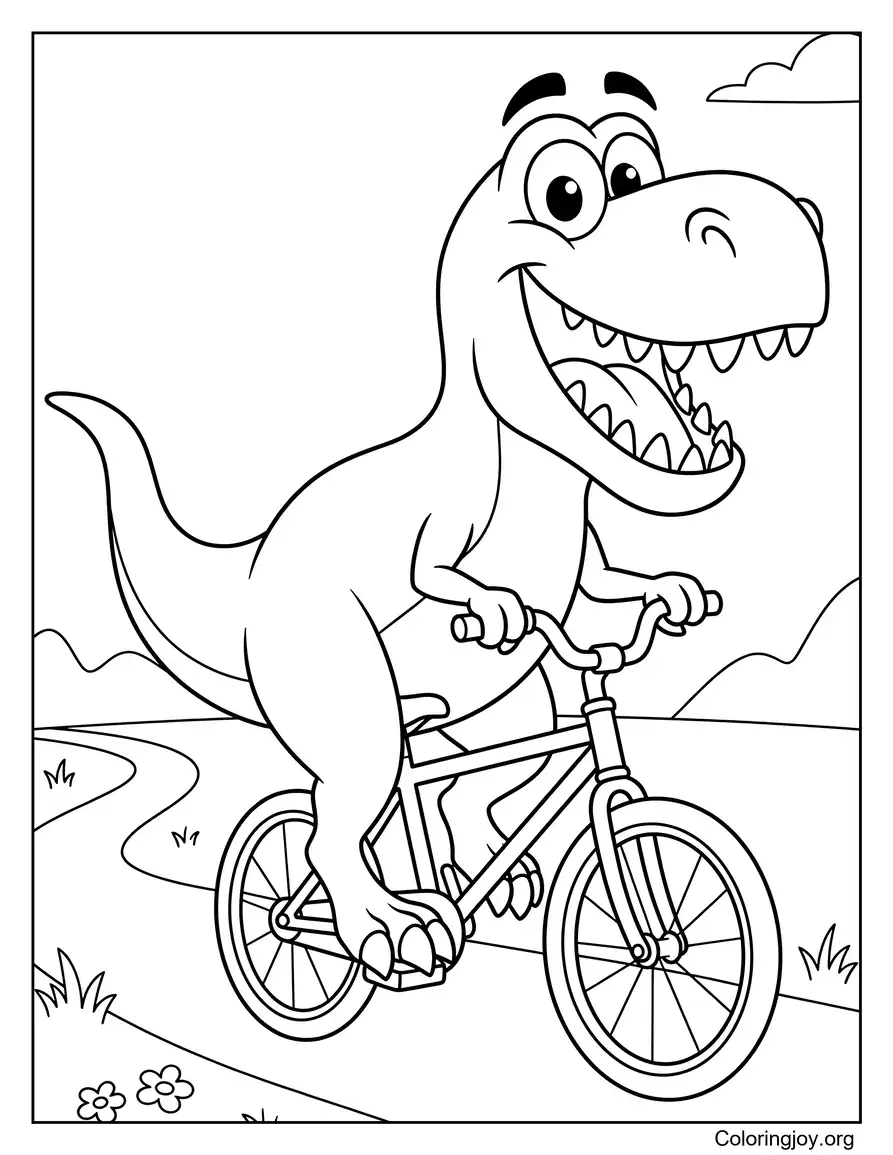 Riding a Bike Cute T-Rex Coloring Page