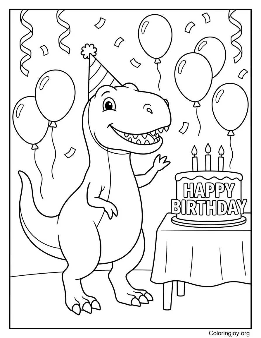 Birthday Celebration T-Rex Coloring Page