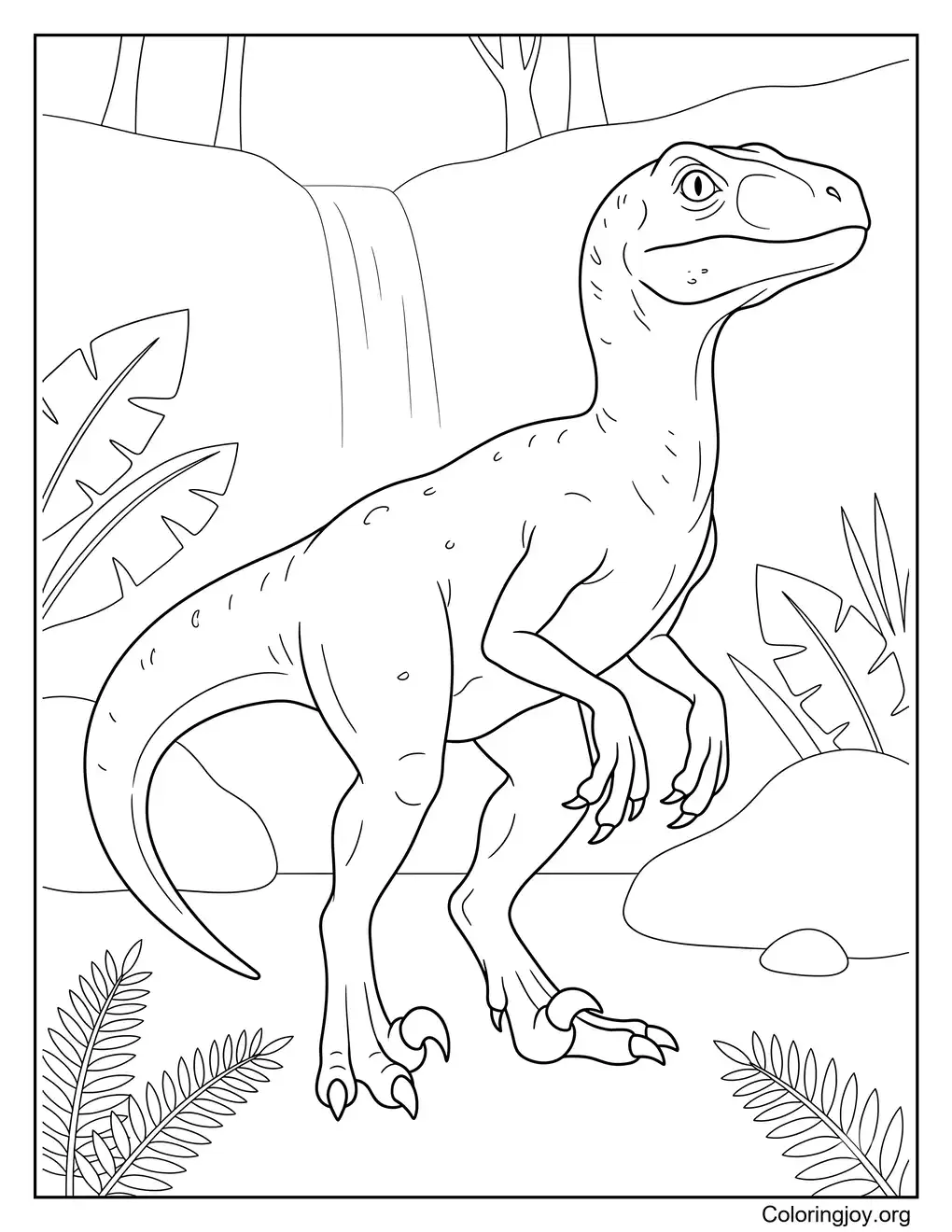 Blue Velociraptor Inspired Adventure Coloring Page
