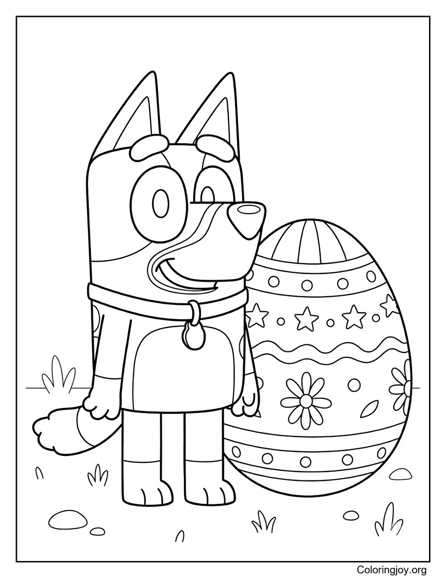 Beside a giant decorated egg, Bluey stands proudly and smiles.