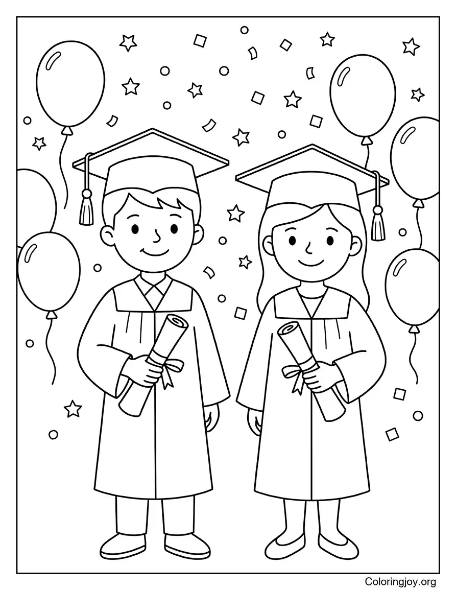 Garçon et fille diplômés avec des confettis et des ballons