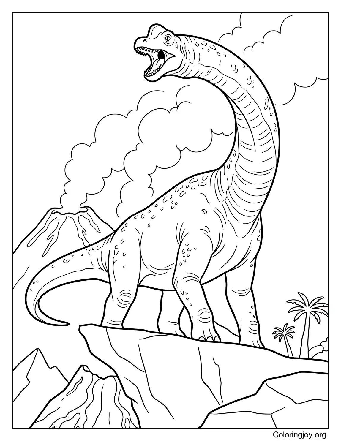 Brachiosaurus Roaring on a Volcano Cliff