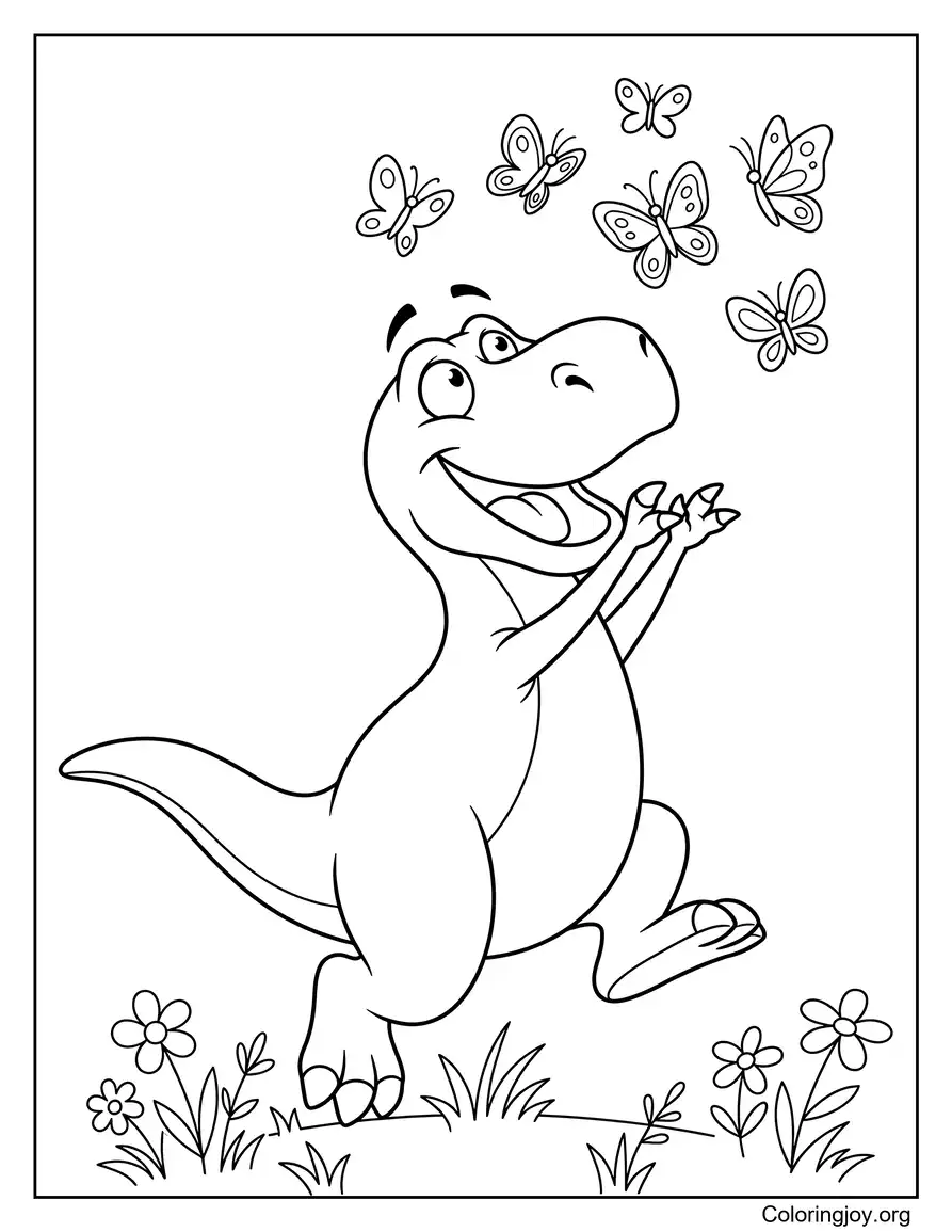 Butterfly Chase Cute Dinosaur Coloring Sheet