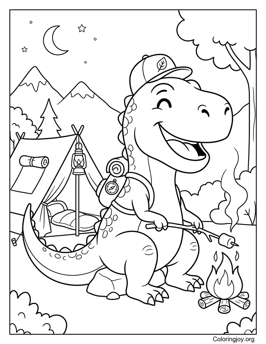 Camping Adventure T-Rex Coloring Page
