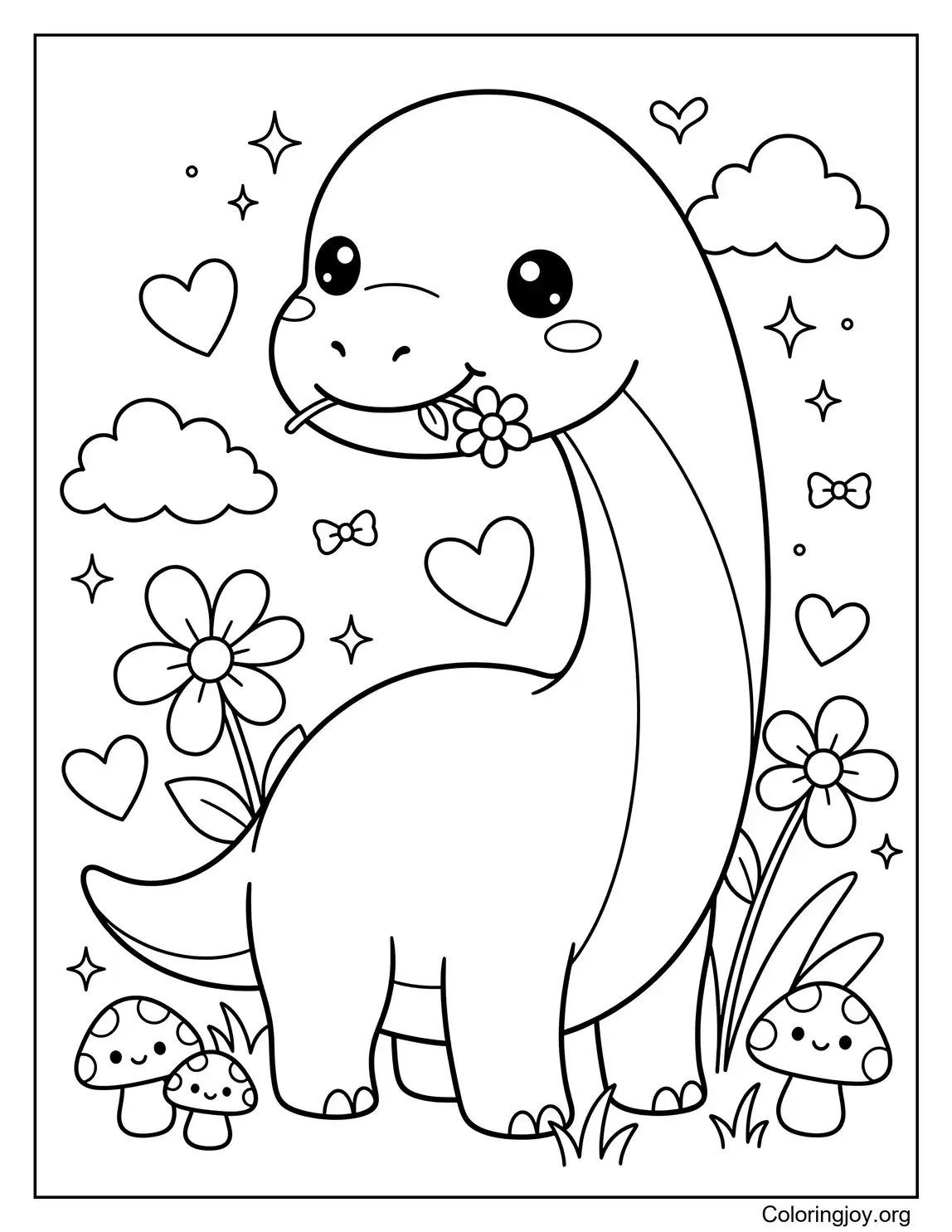 Chibi Kawaii Brachiosaurus mit Blumen