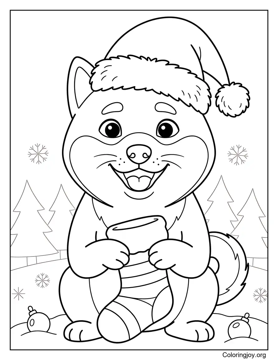 Christmas Shiba Inu Wearing a Santa Hat Coloring Sheet