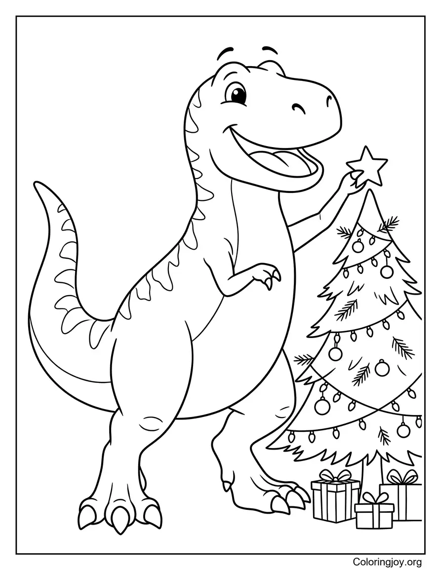 Cute Christmas T-Rex Coloring Page