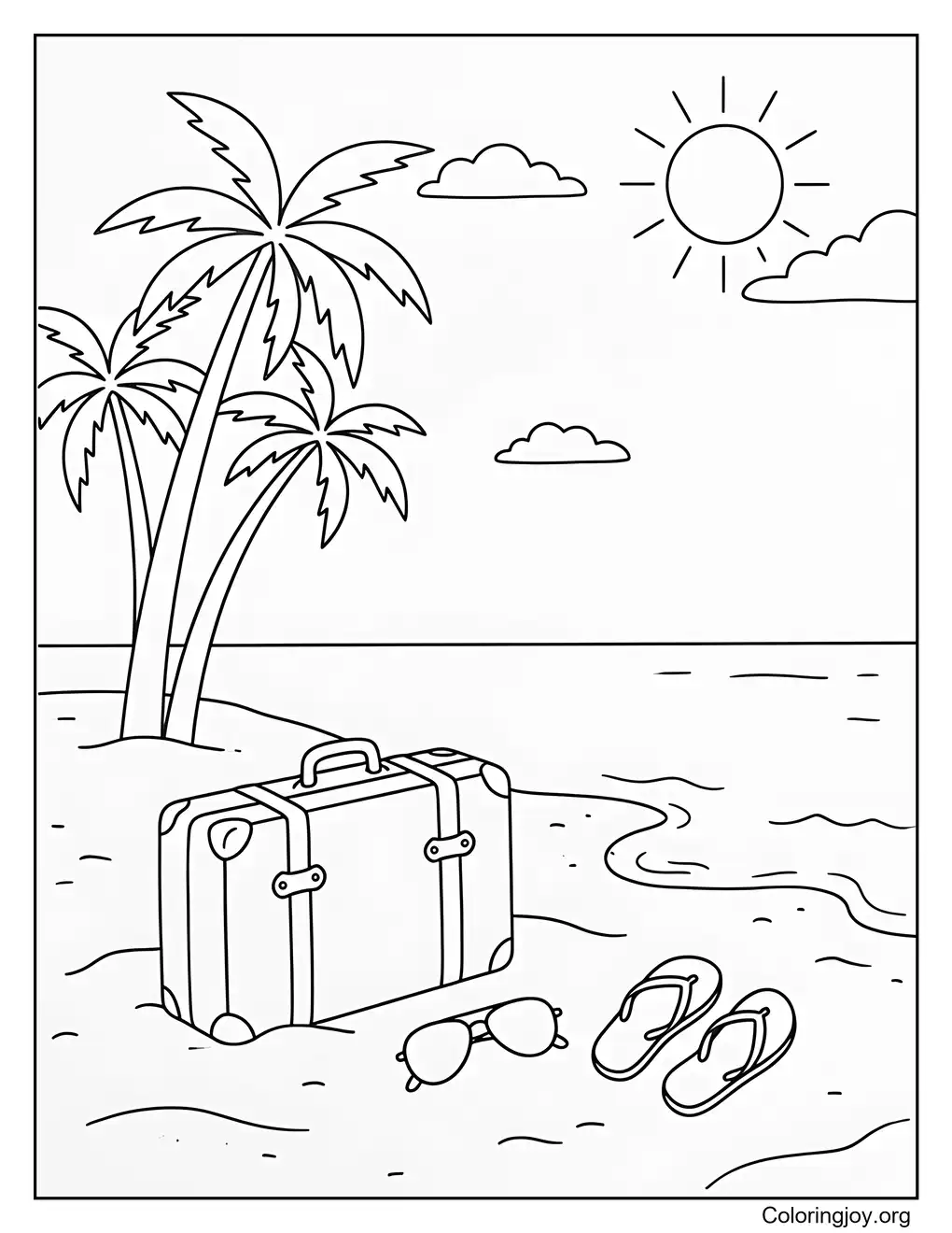 Cool Beach Vacation Adventure Coloring Page for Kids