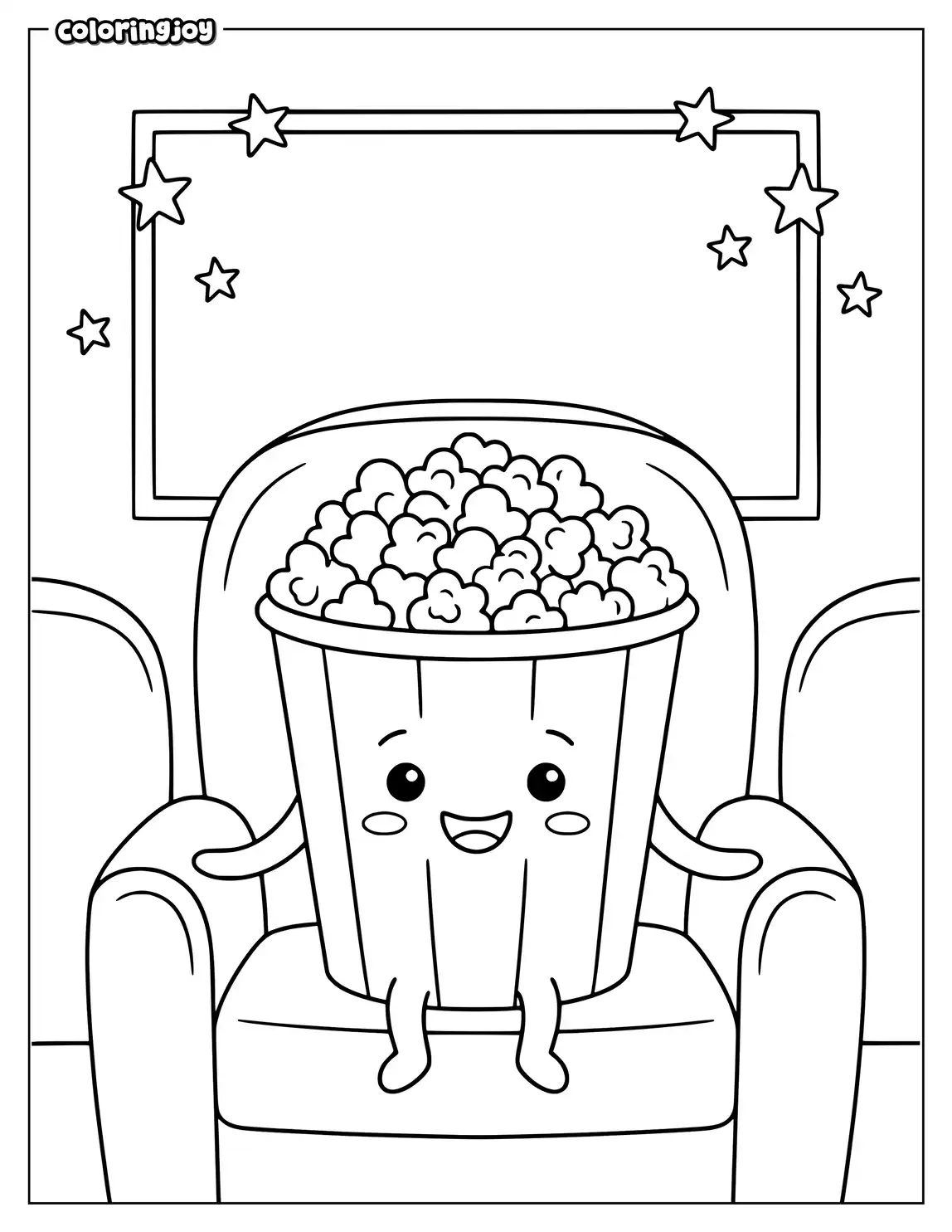 A cozy cinema snack scene is ready for coloring.