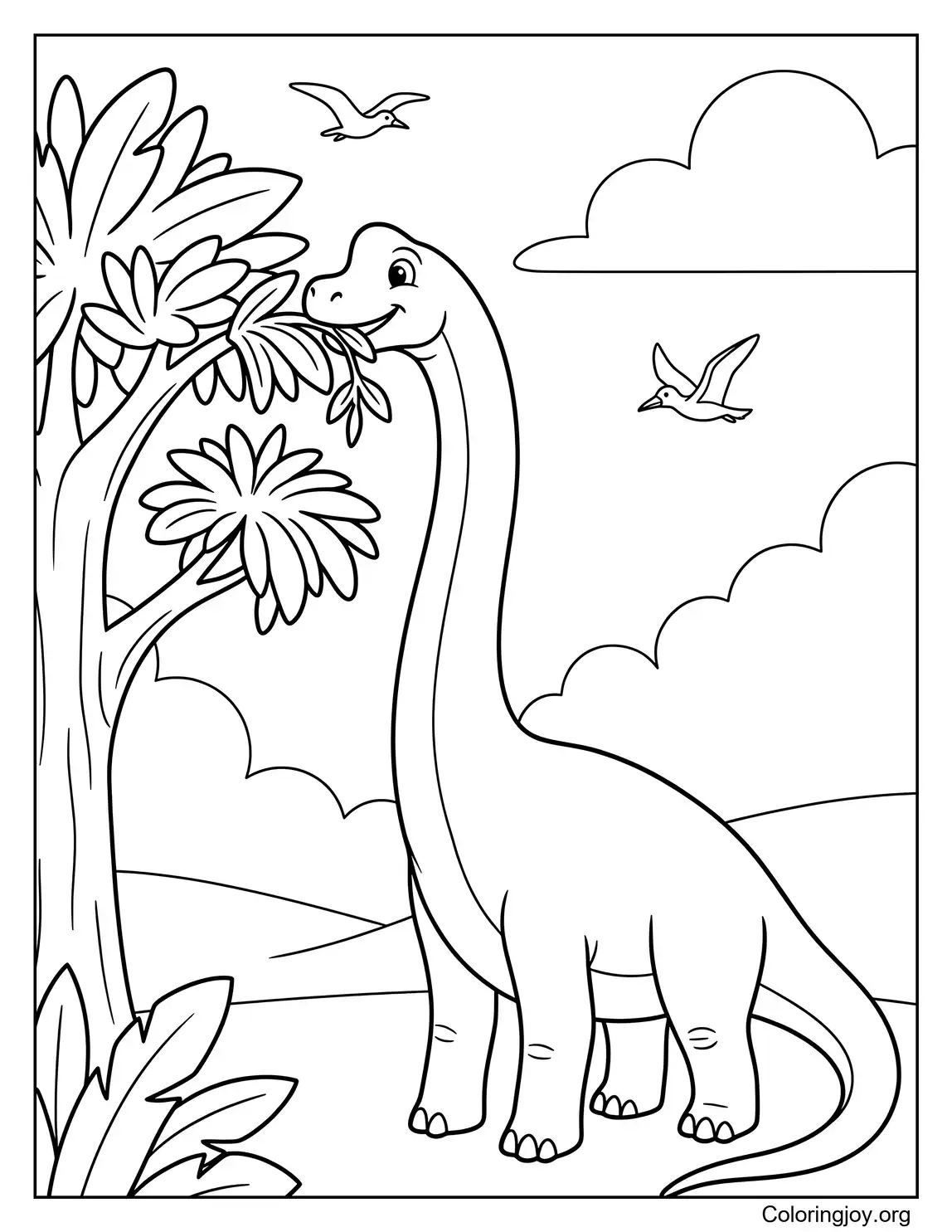 Niedlicher lächelnder Brachiosaurus, der Baumblätter frisst