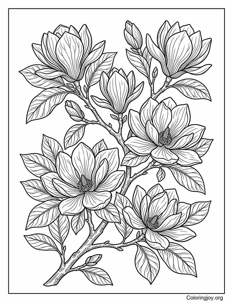 Magnolia Spring Flower Branch Coloring Page