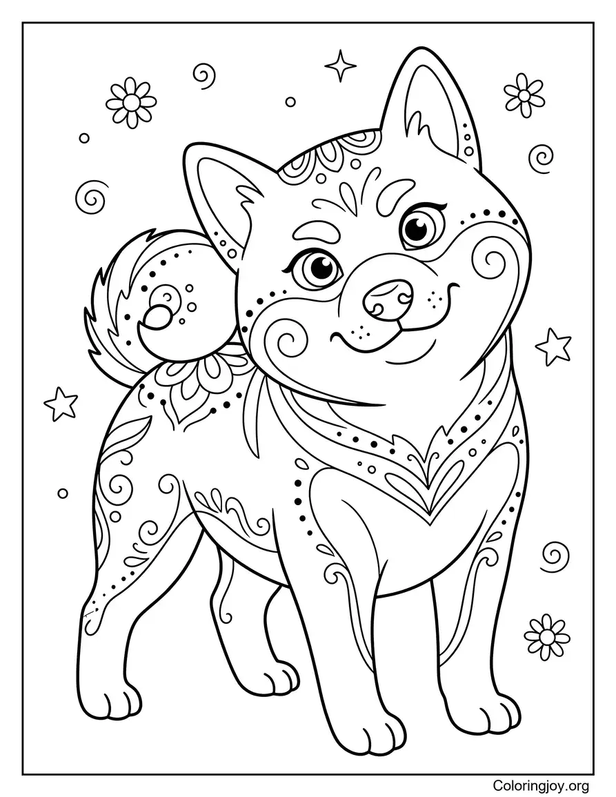 Easy Mandala Style Shiba Inu Coloring Page