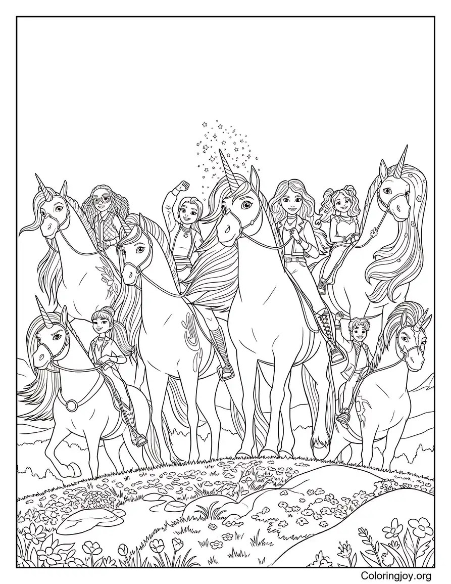 Unicorn Academy Riders and Unicorn Coloring Pages