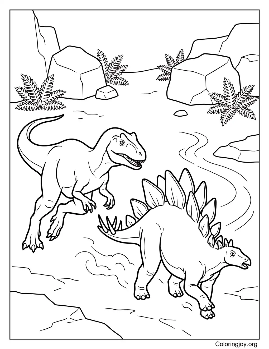 Hoja para colorear de Alosaurio persiguiendo a un estegosaurio