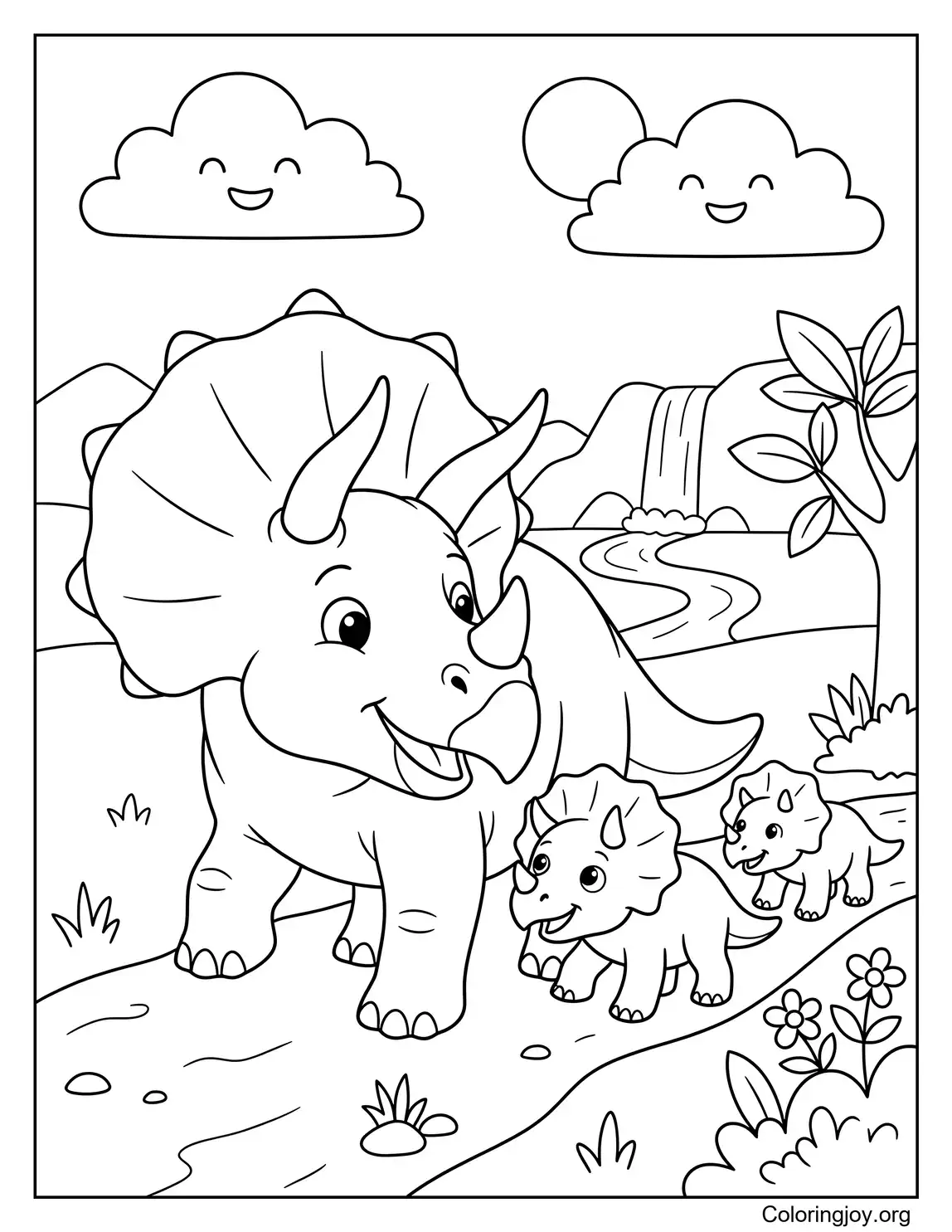 Familia Amigable De Triceratops Caminando Juntos Página Para Colorear