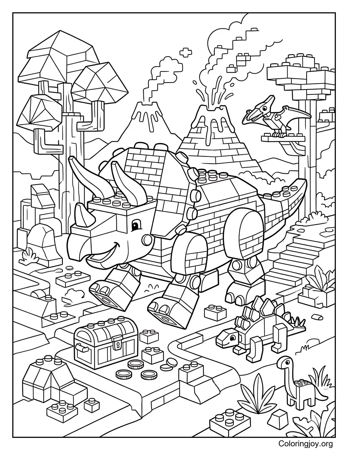 Página para colorear para niños de la aventura del Triceratops inspirada en Lego
