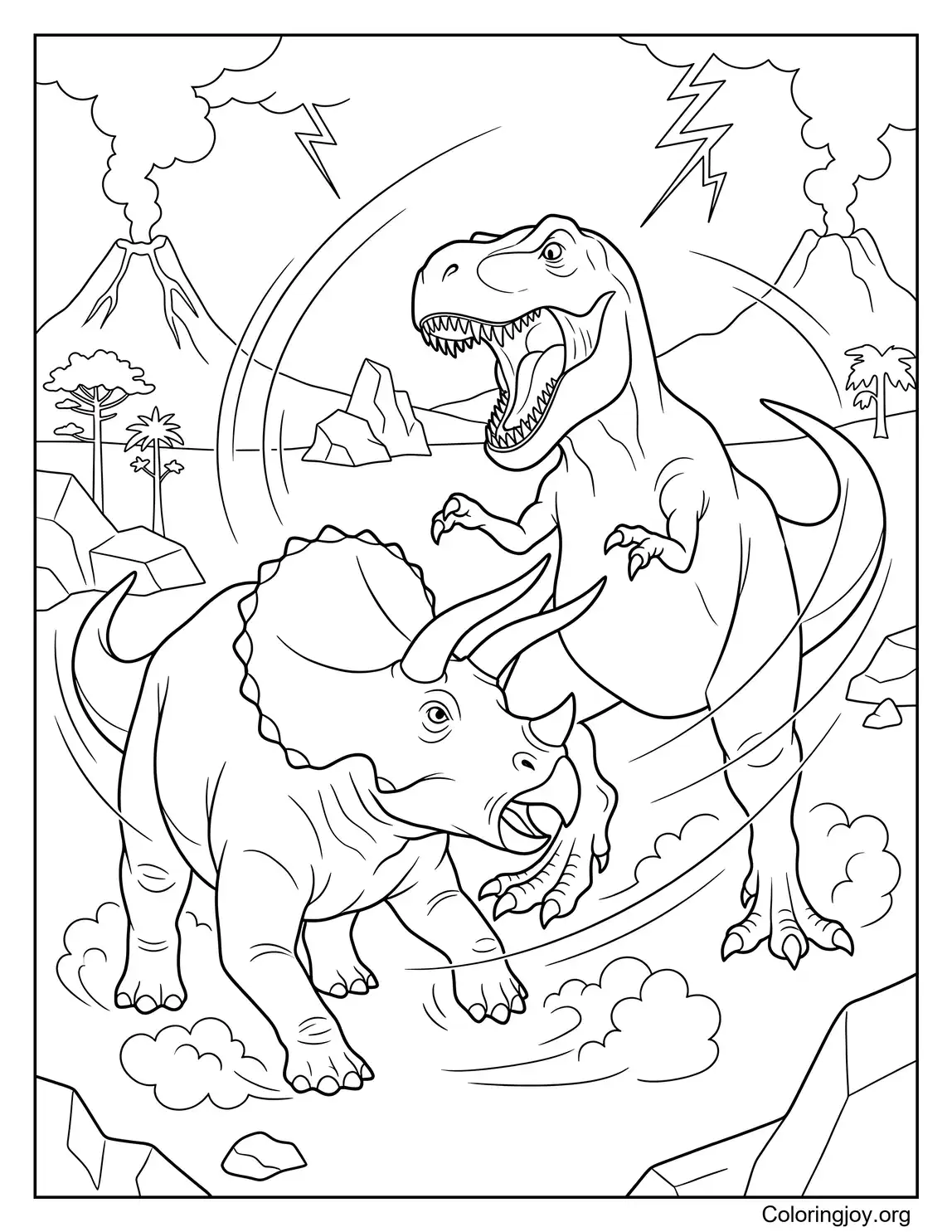 Página para colorear de batalla de dinosaurios Triceratops vs T Rex
